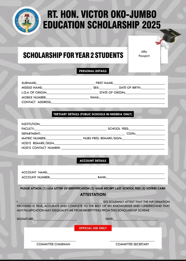 RT HON. VICTOR OKO JUMBO EDUCATION SCHOLARSHIP AWARD 2025