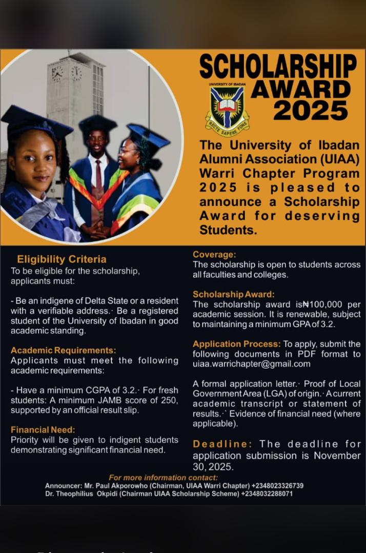 University of Ibadan Alumni scholarship (Warri Chapter) How to apply