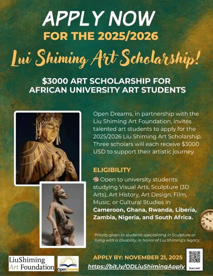 Study Arts Abroad: $3,000 Liu Shiming Scholarship for African Students 2025/2026