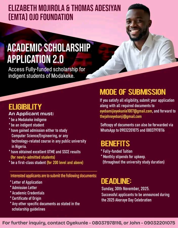 Elizabeth Mojirola & Thomas Adesiyan (EMTA) Ojo Foundation Scholarship 2025 — Fully Funded