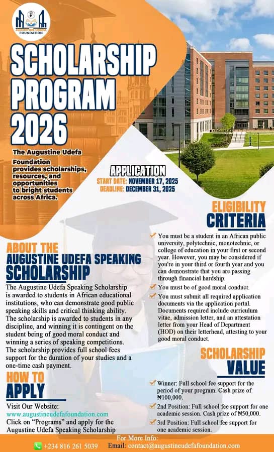 Augustine Udefa Speaking Scholarship 2026 – Fully Funded Scholarship for African Students