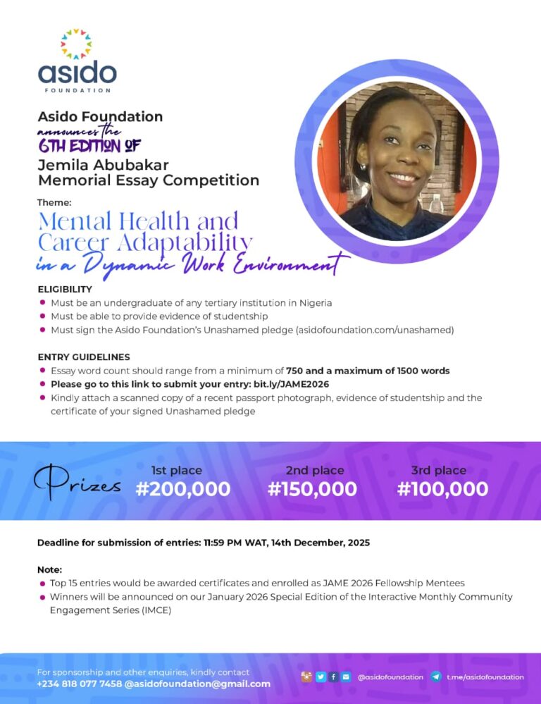 Jemila Abubakar Memorial Essay Competition 2026 — Apply for the Asido Foundation Mental Health Essay Award