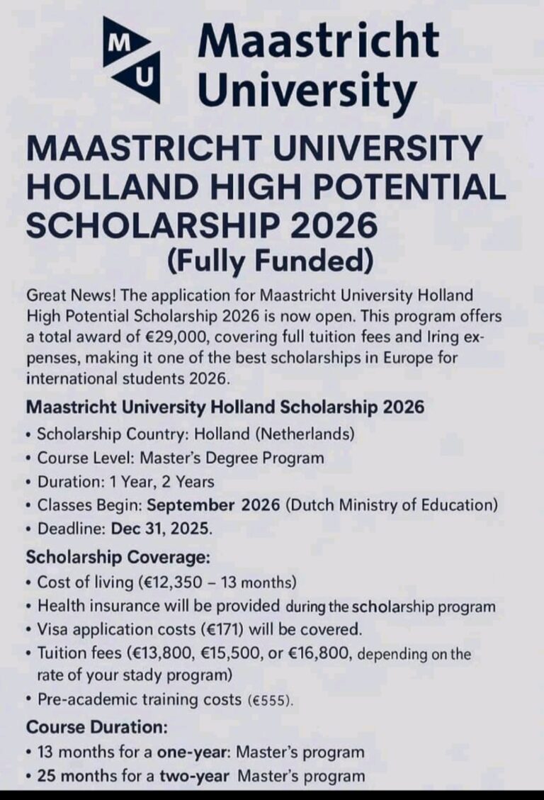 Maastricht University NL-High Potential Scholarship 2026 – Fully Funded Master’s Scholarship for International Students