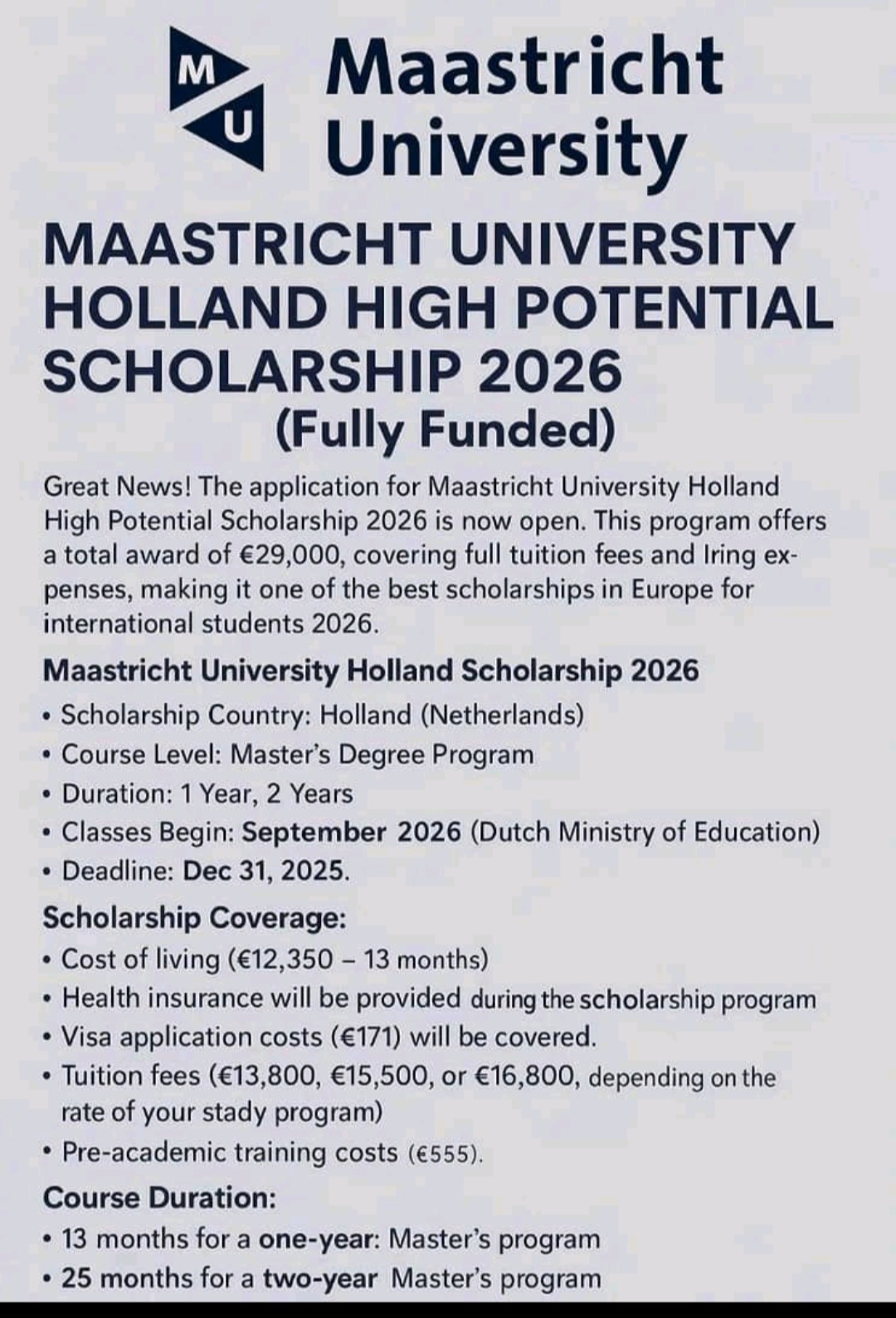 Maastricht University NL-High Potential Scholarship 2026 – Fully Funded Master’s Scholarship for International Students