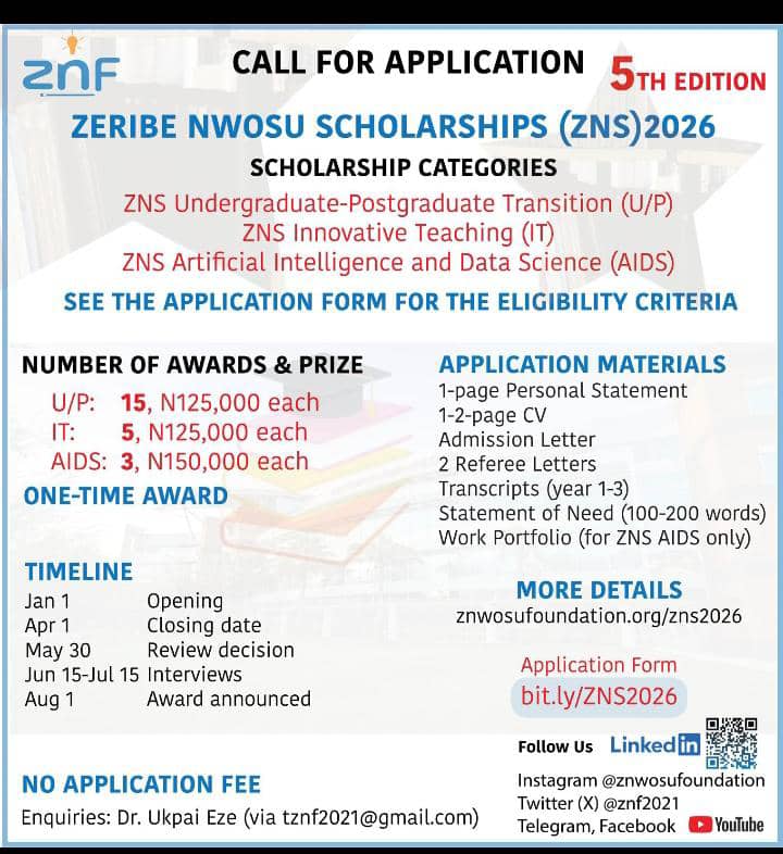 Zeribe Nwosu Scholarship 2026: ₦150,000 Grants for Nigerian Students