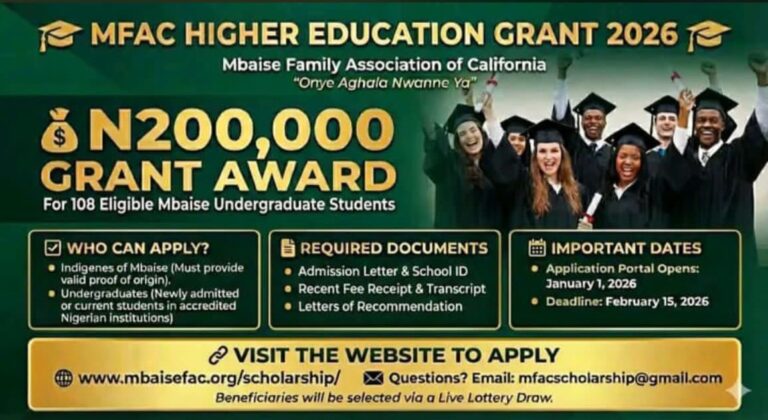 MFAC Higher Education Grant 2026: ₦200,000 Grant for Undergraduate Students