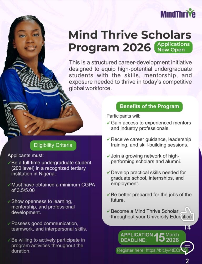 Mind Thrive Scholars Program 2026 (Career Development & Leadership Training for Nigerian Undergraduates)