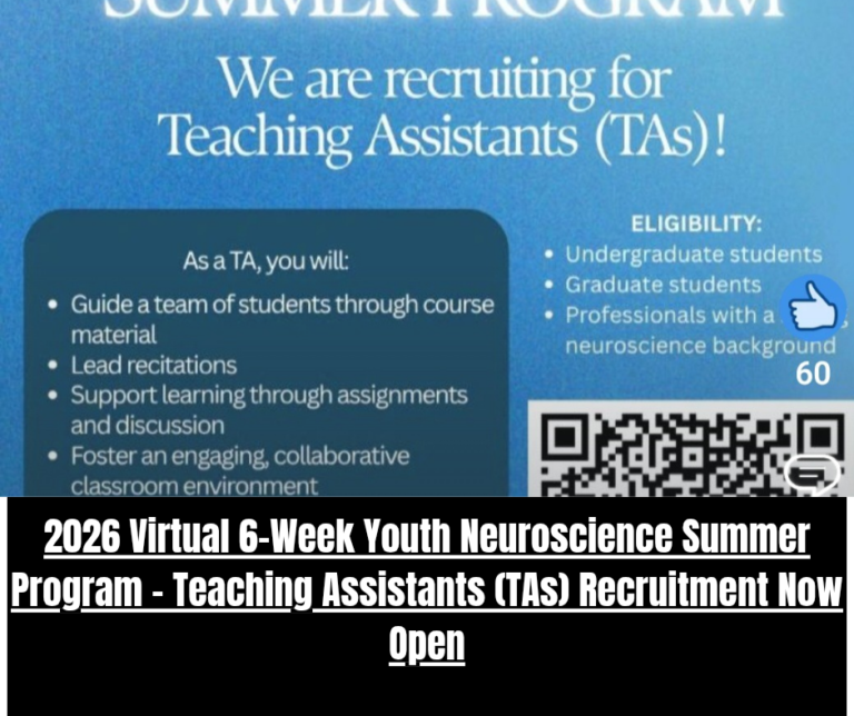2026 Virtual 6-Week Youth Neuroscience Summer Program – Teaching Assistants (TAs) Recruitment Now Open