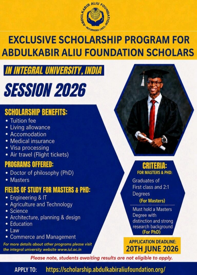 AbdulKabir Aliu Foundation Scholarship 2026 in India || Fully Funded Master’s