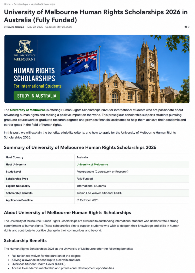 University of Melbourne Human Rights Scholarship 2026 in Australia (Fully Funded)