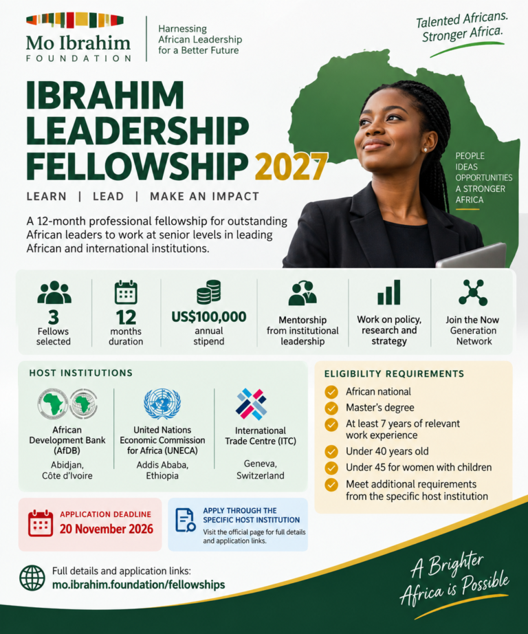 Mo Ibrahim Foundation Leadership Fellowship 2027: $100,000 Stipend for African Professionals